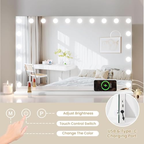 Miniatura 2 de Dripex Espejo Maquillaje Con Luz Grande, 90 X 60 Cm, 20 Bombillas Led, Dimmables 3 Colores De Luz, Con Espejo De Aumento 5x, Para Pared O Mesa