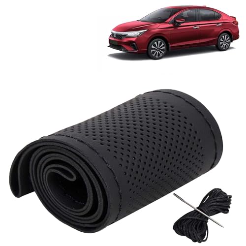 Image of KINGSWAY PU Leatherite Car Steering Cover Sewable Compatible with Honda City (Year 2023 Onwards), Black Color with Black Thread, Pack of 1 with Sewing Needle and Thread