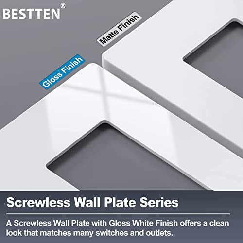 [2 Pack] Bestten 3-Gang Modern Designer Mid Size Screwless Wall Plate, Uswp6 Gloss Snow White Series, Unbreakable Midway Outlet Cover, Impact Resistant Switch Plate, H4.88” X W6.74” #TOP6