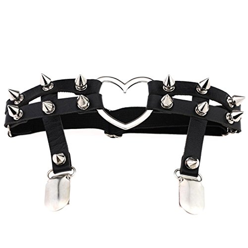 Raylans Sexy Women Elastic Leather Leg Ring Garter Belt Punk Heart Rivet Thigh Ring,Black