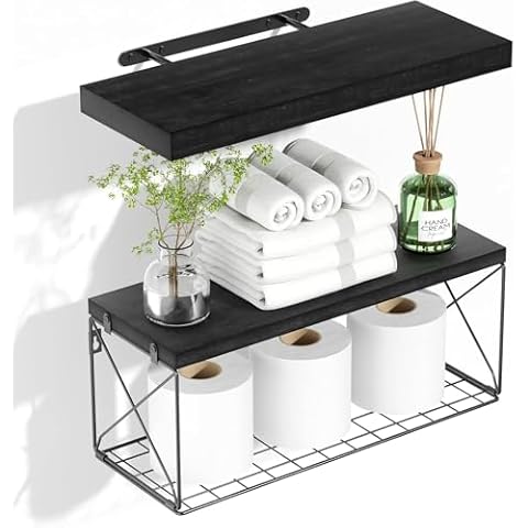 Hoiicco Bathroom Shelves with Metal Guardrail, Wood Floating Shelves Over Toilet with Wire Storage Basket, Floating Wall Shelves for Bedroom, Living Room, Kitchen and Bathroom Cover