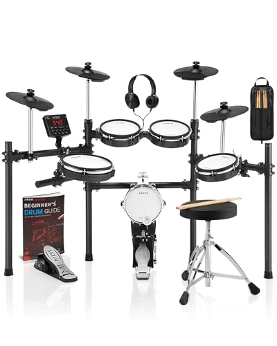 AKLOT Electric Drum Set with Kick-Tower: 4 Dual Zone Mesh Pads, 8’’ Tower-Style Kick Drum, 10’’ Snare, Dual Zone 10’’ Cymbals with Choke, 360 Sounds, User Kit, USB-MIDI, Throne, B-CORE 540 Air, Black