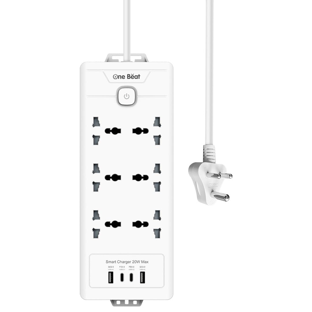 One Beat 10 in 1 Fast Charge Extension Board, 20W PD & Universal Fast Charging Ports with Surge Protector (6 Socket + 2 USB A + 2 USB Type C), 220 Volts, White