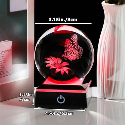 Image of Arikyrist 3D Crystal Ball Butterfly Flower Figurine with LED Base, Laser Butterfly Gifts for Women Men, Glass Butterfly Statue Ball Night Light for Christmas Birthday Home Decor (80mm)
