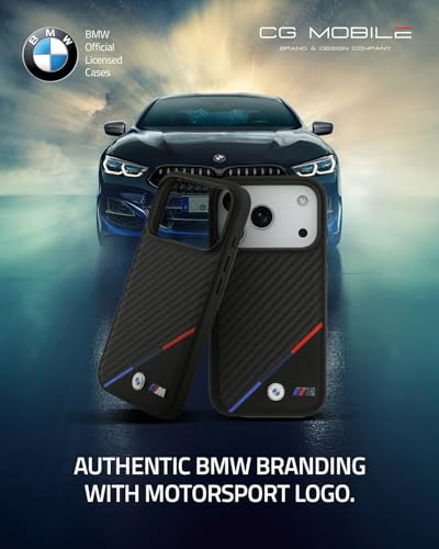 Image of CG MOBILE BMW [Official Licensed] Protective Case Designed for iPhone 17 Pro Max |Magnetic Compatible|M Collection|Pu Leather Case Carbon & Tricolor Stripe with Metal Logos -Black