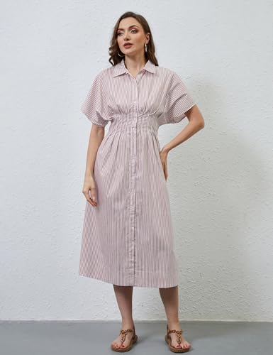 Image of MSBESYOR Women Button Front Pleated Shirt Maxi Dress Summer Striped Prints Short Sleeve Collar Casual Long Dresses