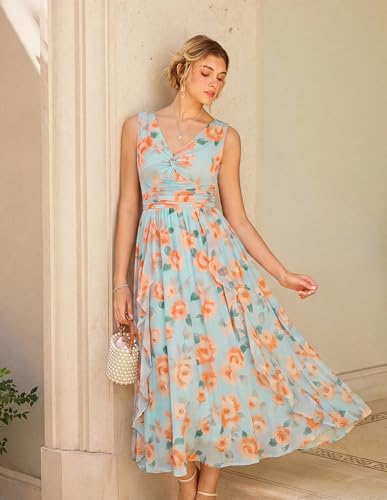 Image of GRACE KARIN Women's Summer Sleeveless Floral Maxi Dress V Neck Formal Wedding Guest Dress A Line Beach Vacation Clothes