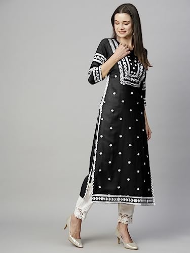 Image of ANNI Designer Women's Cotton Straight Fit Straight Viscose Chikankari Embroidered Kurta