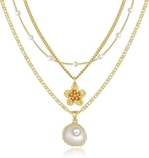 cybersnc Flower Necklace for Women Girls – Boho Gold Seashell Pendant Necklaces 3-Piece, Girls’ Pearl Necklace & Layered Starfish Chains Beach Gift Jewelry-picture-12