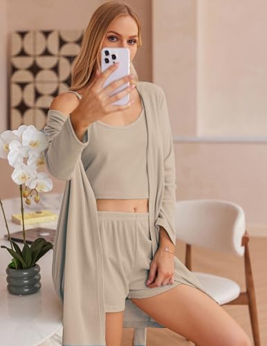 Image of Ekouaer Pajamas for Women Set 3 Piece Lounge Set Soft Pajama Sets Waffle Knit Tank Top and Shorts Cardigan with Pockets S-XXL