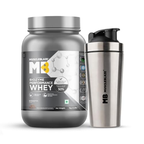 MuscleBlaze Biozyme Performance Whey Protein Powder, Rich Chocolate (1 kg) + Stainless Steel Gym Shaker (700ml)-picture-35