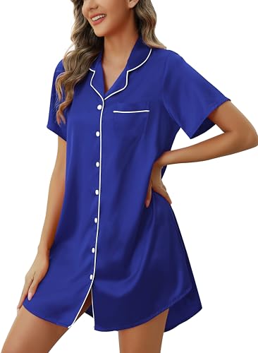 Samring Camisón de satén para mujer, manga corta, con botones, pijama de seda, camisón para mujer, Azul marino, XL