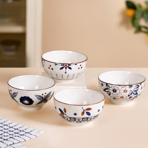 Image of Nestasia Ceramic Snack Bowl Set of 4 (350 ml Each) - Microwave & Dishwasher Safe Serving Bowl with Gift Box | 100% Food Safe Dinner Bowls - for Soups, Noodles & Curry (Geometric & Floral Design)