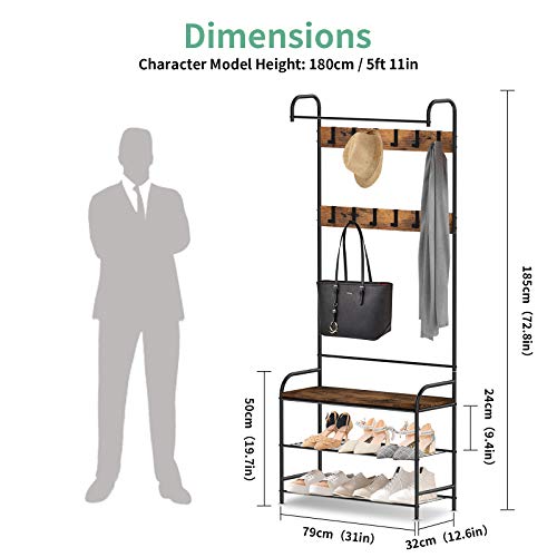 alvorog Coat Rack, Shoe Bench, Vintage 3-in-1 Hall Tree, Shoe Rack for Entryway with 3-Tier Storage Shelf and 12 Hooks Removable, Industrial Accent Furniture with Steel Frame - 31in x 12.6in x 72.8in - Thumbnail 5