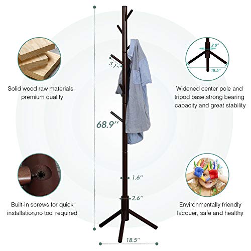 Vlush Sturdy Wooden Coat Rack Stand, Entryway Hall Tree Coat Tree With Solid Base For Hat,Clothes,Purse,Scarves,Handbags,Umbrella-(8 Hooks,Brown) #TOP1