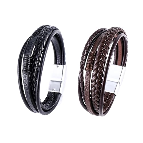 Dinghaole Lot De 2 Bracelets En Cuir Pour Homme – Bracelet Tissé Multicouche Réglable Fait À La Main Pour Cadeaux, Fêtes, Mariages, Anniversaires (Noir...