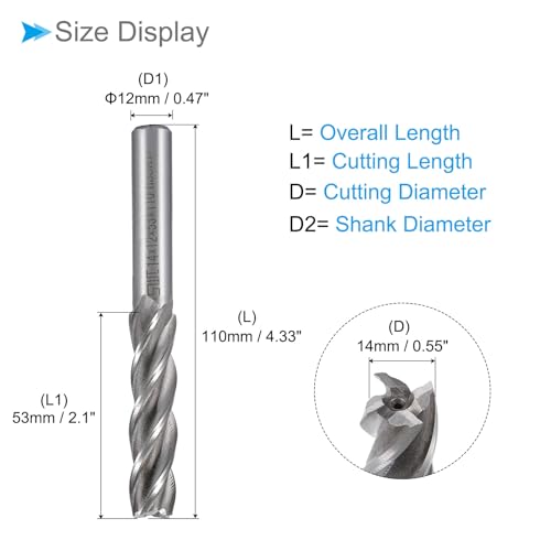 Image of 4-Flute Spiral End Mill Bits, 14mm Diameter 53mm Length, High Speed Steel Straight Milling Cutter with Storage Case- (Applications: for Plywood Hardwood Plastic),