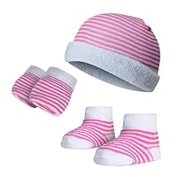 Kit Touca, Meia e Luva Recém Nascido Algodão Atoalhado Maternidade Enxoval Bebe Dallf (Listra/Rosa, Recém Nascido)