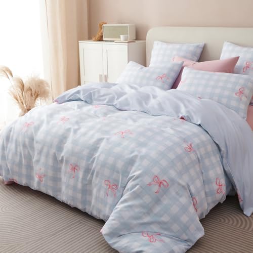 Bildenly Blue Plaid Twin Comforter Set - Pink Bow Quilt