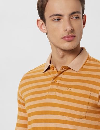 Image of Peter England Men's Cotton-Polyester Blend Striped Polo T-Shirt | Casual Wear | Durable & Trendy