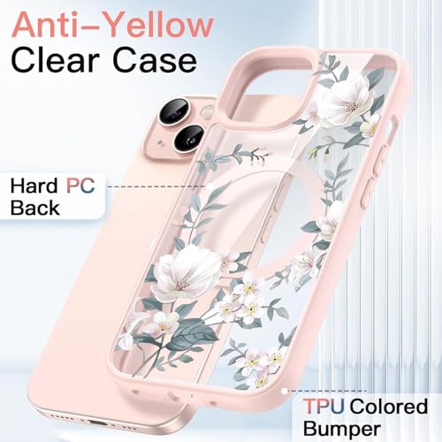 Image of VONZEE Compatible with iPhone 15 Plus Case Luxury Retro Flowers Floral Clear for Magnetic Wireless Charging Case Shockproof Case PC+TPU Cute Glossy Shiny Cover for Girls Women, 6.7'' Pink