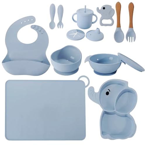 Image of Silicone Baby Feeding Set 15-Piece BPA-Free Baby Led Weaning Kit for 6+ Months – Elephant Suction Plate, Bowl, Forks, Spoons, Bib, Cup, lids, Teether & More – Gift Kraft Box – Baby Registry Blue Gray