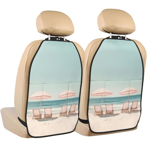 Beach Pink Umbrellas Wooden Chairs Car Seat Back Kick Protectors,2 Pack Kick Mats With Storage Pockets For Vehicles To Protect From Dirt Mud Scratches