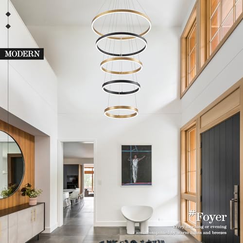 LED 5 Ring Chandelier Modern Vintage Black Gold Chandeliers Dimmable by CaraLuxe - Used condition - Image 2
