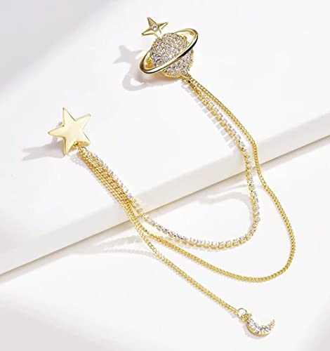 Image of Fashion Planet Star Brooch Pin Cubic Zirconia with Crystal Tassel Chain Crescent Moon Clip Coat Suit Corsage Lapel Brooches Pins for Women Girls Clothing Jackets Badges