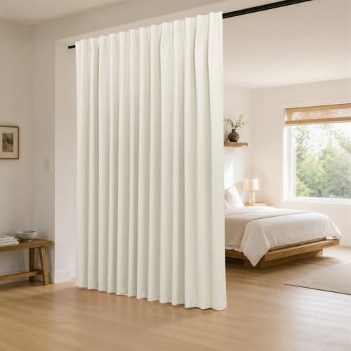 KOUFALL Extra Wide 100 Inch Linen Blackout Thermal Curtains for Summer Heat, Soundproof Insulated Black Out Sliding Glass Door Curtain Drapes for Patio Bedroom Living Room, 84 Inches Long, Cream