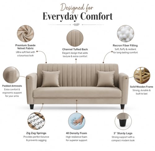 Image of 5 Seater Premium Luster 3-1-1 Sofa Set | Velvet Suede Fabric | 5 Colors and Golden Legs (Beige, 3+1+1) Modern Living Room Furniture Stylish Look + Durable Build