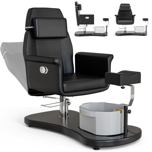 OKAKOPA Pedicure Chair No Plumbing for Nail Tech, Upgraded 360 Swivel Hydraulic Lift Reclining Pedicure Station w/Footrest & Bowl, Pedicure Unit for Foot Spa, Black