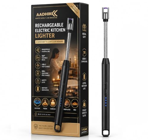 Image of AADHIK Premium Gas Lighter for Kitchen USB Rechargeable Long Life Electric Gas Lighter | 360 Degree Flexible & Windproof (Black, Set of 1)