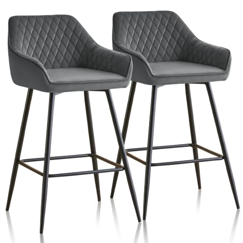 Image of ZOONFA Bar Stools Set of 2 - Velvet Kitchen Counter High Chair With Armrest & Backrest (Grey)
