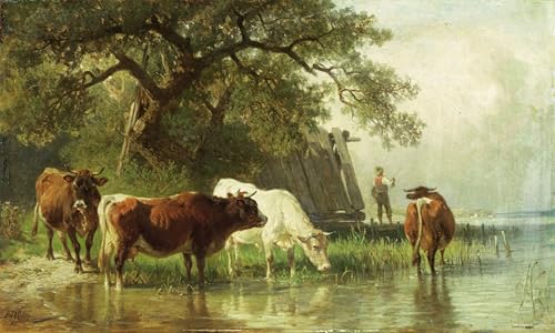 Toile Bovins abreuvant dans un paysage fluvial pour l'ambiance de votre chambre