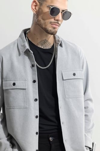 Image of SNITCH Light Grey Solid Cotton Shacket Shirt