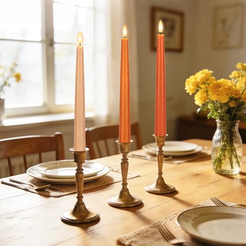 Image of Flameless Taper Candles with Remote, 9.6 inch Battery Operated Flickering LED Candlesticks, Real Wax Warm Earth Tone Taper Candles for Wedding Centerpieces, Dinner Table, Mantel, Window, 3 Pack