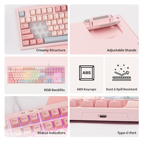 Image of MechLands Aula S102 Membrane Gaming Keyboard with Number Pad, 100% Full Size Layout, USB-C Wired, RGB Backlit, Creamy Silicone Structure, Silent Keyboard for PC Game /Office (Pink)
