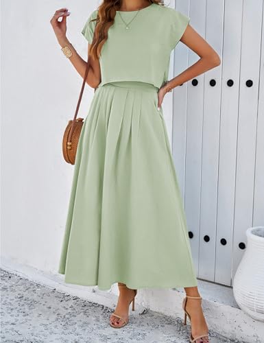 Image of HangNiFang Summer Skirt Sets Women 2 Piece Outfits Cap Sleeve Top Elastic Waist Maxi Dress Sets with Pockets