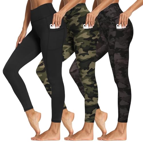 3 Packs Leggings with Pockets for Women, Soft High Waisted Tummy Control Workout Yoga Pants