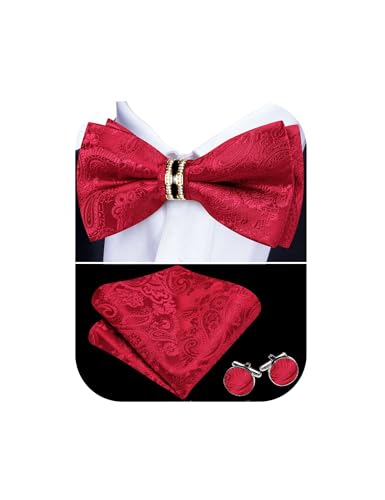 Image of YOHOWA Mens Bow Tie Set Paisley Pre-tied Bowties Adjustable with Handkerchief Cufflinks Gold Ring Set Wedding Prom Party