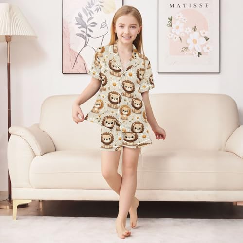 ALAZA Lion Daisy Blossom Floral Pajamas Satin Pajama Set Short Sleeve Button Down Sleepwear3