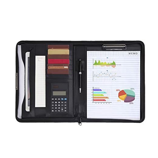 Leathario Portafolio A4 Piel Portadocumentos Cremallera de Viaje Carpeta de Conferencias de Cuero Imitación Organizadora Profesional Comercial de Negocios con Calculadora