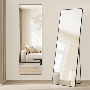 SONGMICS Ganzkörperspiegel, 150 x 40 cm, rechteckiger Standspiegel, Rahmen aus Aluminiumlegierung, Hartglas, für Schlafzimmer, Wohnzimmer, Garderobe, tintenschwarz LFM034B01