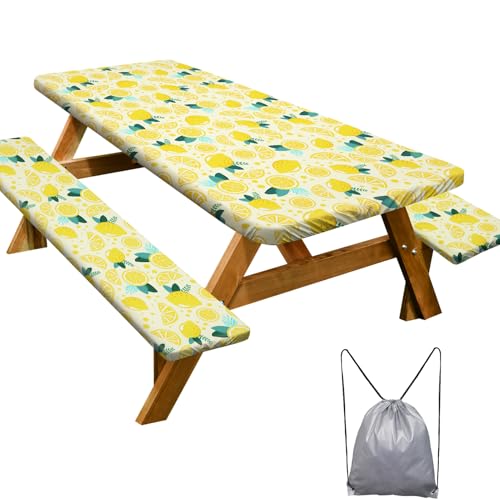 Image of Picnic Table Cover with Bench Covers 6FT 3 Pcs Waterproof Windproof Aesthetic Camping Tablecloth with Drawstring Bag, Fitted for 6 Foot Rectangle Tables and Seats, 72 inch, Yellow Lemon