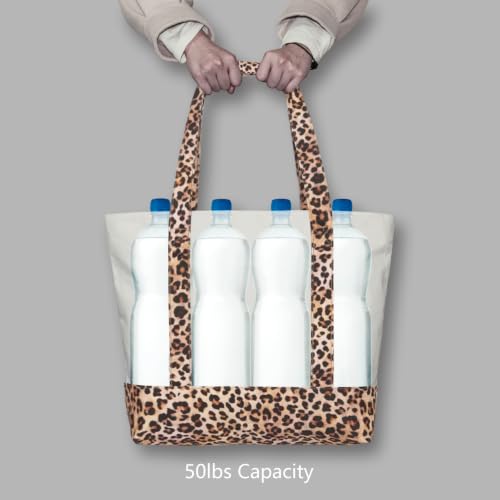 Image of TOPDesign 1-Pack Canvas Tote Bag with an External Pocket, Reusable Grocery Shopping Bag, Top Zipper Closure, Daily Essentials (Leopard /Natural)