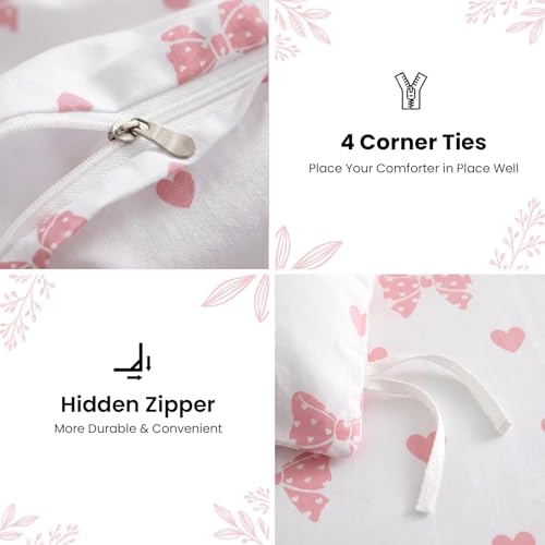 Image of Bow Duvet Cover Twin Size Pink Bows Heart Bedding Set Kids Boys Girls Love Heart Bowknot Soft Breathable Microfiber Comforter Cover Set with Zipper Closure and 1 Pillowcase (No Comforter)
