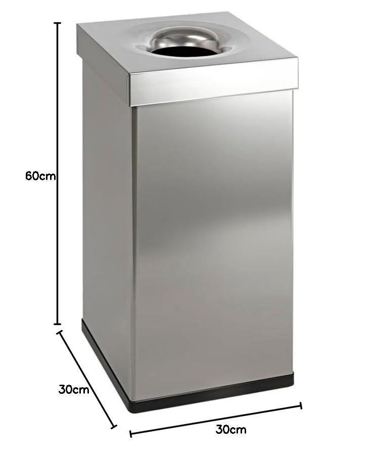 PROREGAL Selbstlöschender eckiger Abfallsammler aus Edelstahl | 55 Liter, HxBxT 60x30x30cm | Silber
