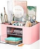 Vimbo Stationary Organiser 7-Grid Desk Organizer with Drawer – Multifunctional Plastic Table Organizer & Pen Holder for School, Office, and Home (Pink)