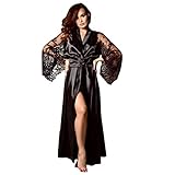 Dorical Damen Lange Seide Kimono Morgenmantel Babydoll Dessous Bath Robe Versuchung Bar Party Unterwäsche Nachthemd Babydoll G-String (X-Small, Schwarz)